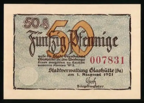 Notgeld Glashütte /Sa. 1921, 50 Pfennig, Uhr und Schreibmaschine Motiv