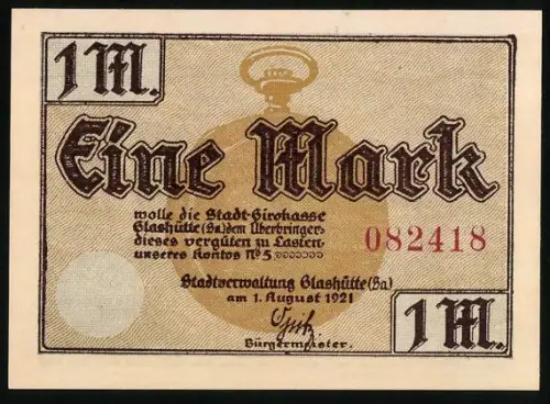 Notgeld Glashütte /Sa. 1921, 1 Mark, Rathaus und Uhrwerkabbildung