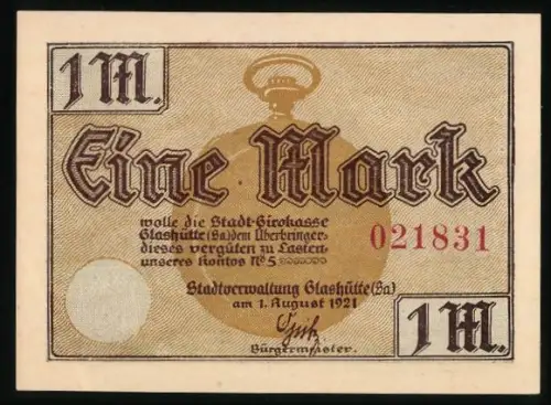 Notgeld Glashütte /Sa. 1921, 1 Mark, Taschenuhr und Deutsche Uhrmacherschule
