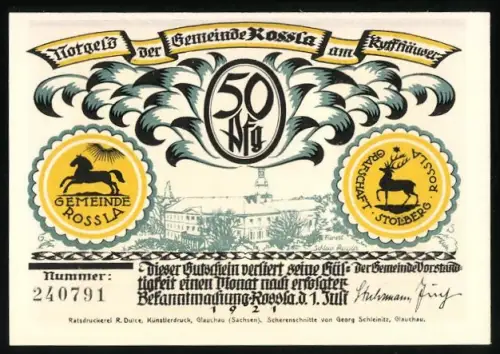 Notgeld Rossla am Kyffhäuser 1921, 50 Pfennig, Schloss Rossla und Silhouette eines bärtigen Mannes