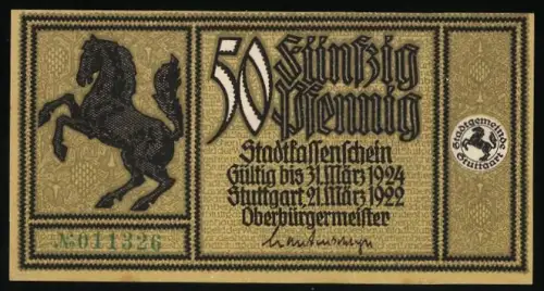 Notgeld Stuttgart 1922, 50 Pfennig, Pferd und Neckartor