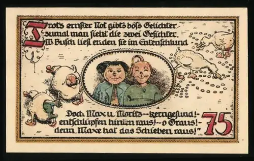 Notgeld Gatersleben 1921, 75 Pfennig, Max und Moritz Motiv, Gaterslebener Warte