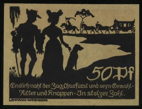 Notgeld Bad Schmiedeberg 1921, 50 Pf, Silhouette mit Kutsche und Schlossansicht