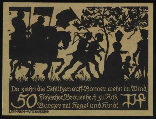 Notgeld Bad Schmiedeberg 1921, 50 Pf, Schützenzug und Stadtwappen mit Burgtor
