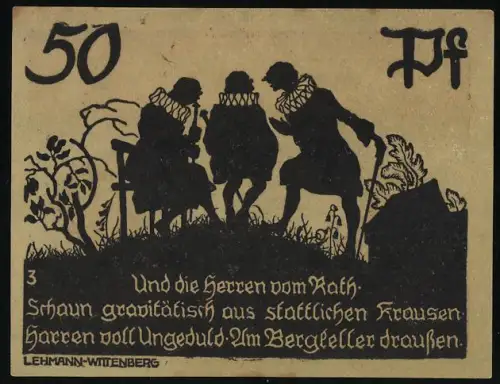 Notgeld Bad Schmiedeberg 1921, 50 Pf, Silhouetten von Männern und Tor mit Türmen