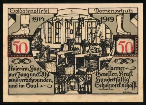 Notgeld Weissenfels a.d. Saale 1921, 50 Pfennig, Schuhwerkstatt und Stadtsiegel mit Löwenwappen