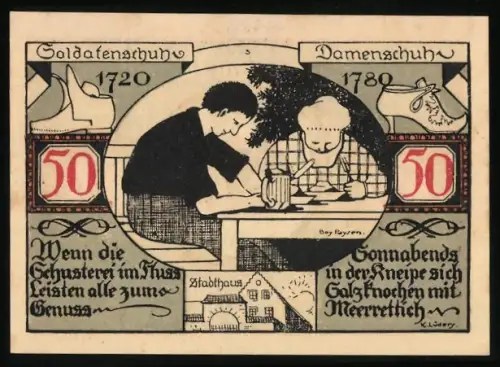 Notgeld Weissenfels a. d. Saale 1921, 50 Pfennig, Schuhmacher und Stadtwappen