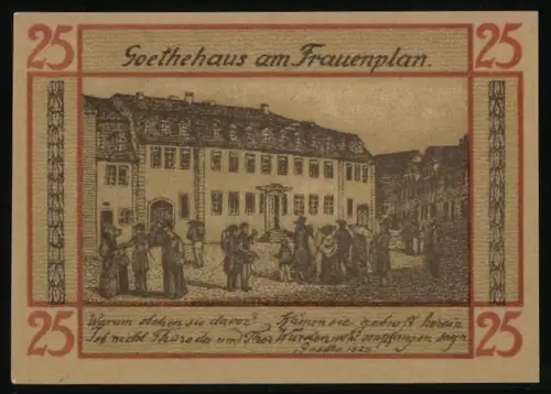 Notgeld Weimar 1921, 25 Pfennig, Goethehaus am Frauenplan und Wappen mit vier Silhouetten