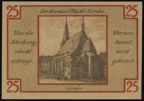 Notgeld Weimar, 25 Pfennig, Stadtkirche Herder und Löwenwappen mit Silhouetten