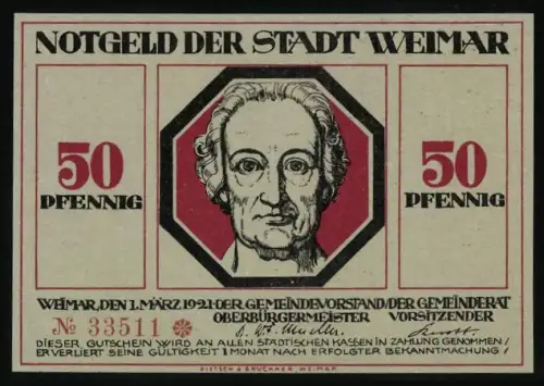Notgeld Weimar 1921, 50 Pfennig, Goethe-Porträt und Allegorie des Lebenszyklus mit Sensenmann und Kind