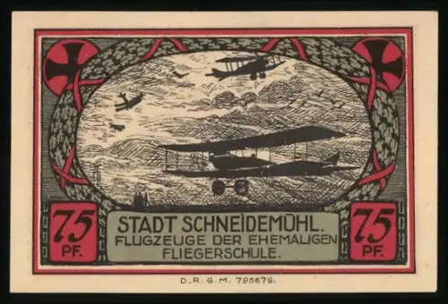 Notgeld Schneidemühl, 75 Pfennig, Flugzeuge der ehemaligen Fliegerschule, Wappen mit Hirsch