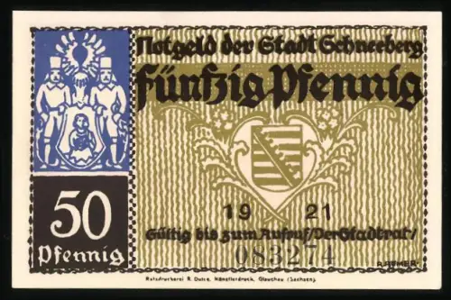 Notgeld Schneeberg 1921, 50 Pfennig, Wappen und Markt mit Figuren