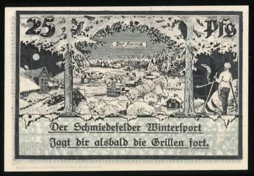 Notgeld Schmiedefeld, 25 Pfennig, Wintersport und Glasindustrie mit Ortswappen