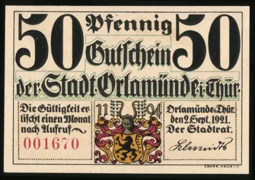 Notgeld Orlamünde i. Thür. 1921, 50 Pfennig, Ritter vor Burg mit Tor und Wappen