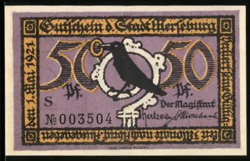 Notgeld Merseburg 1921, 50 Pf, Rabe und Rathaus