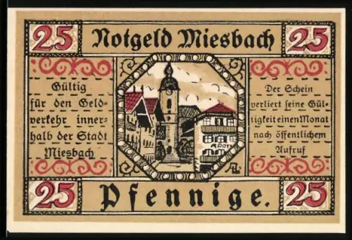 Notgeld Miesbach 1921, 25 Pfennig, Ortsansicht und Wappen