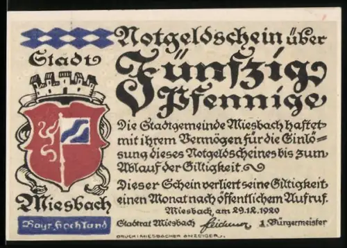 Notgeld Miesbach 1920, 50 Pfennig, Stadtwappen und Trachtenfiguren mit Gebirgslandschaft