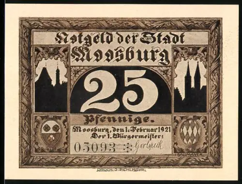 Notgeld Moosburg 1921, 25 Pfennig, Türme und Isartor-Motiv