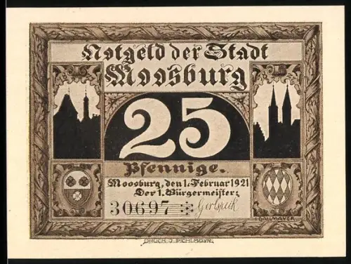Notgeld Moosburg 1921, 25 Pfennig, Ortsansicht und Ampertor