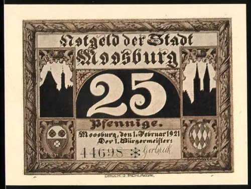 Notgeld Moosburg 1921, 25 Pfennig, Münchenertor und Ortsansicht mit Wappen