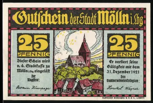 Notgeld Mölln i. Lbg 1921, 25 Pfennig, Ortsansicht und Till Eulenspiegel-Motiv