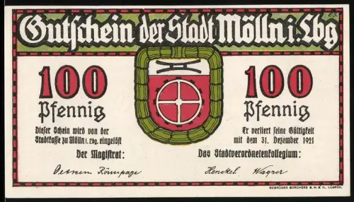 Notgeld Mölln i. Lbg 1921, 100 Pfennig, Till Eulenspiegel-Motiv mit Spiegel und Stadtwappen