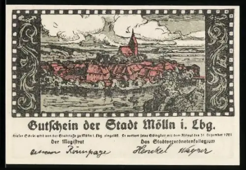 Notgeld Mölln i. Lbg 1921, 50 Pfennig, Ortsansicht und Till Eulenspiegel-Motiv