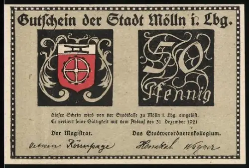Notgeld Mölln i. Lbg 1921, 50 Pfennig, Till Eulenspiegel und Stadtwappen
