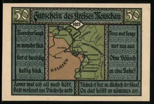 Notgeld Monschau 1921, 50 Pfennig, Landkarte und Heiligenfigur