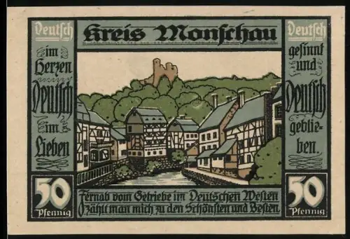 Notgeld Monschau 1921, 50 Pfennig, idyllische Ortsansicht und Kreiswappen mit Figur