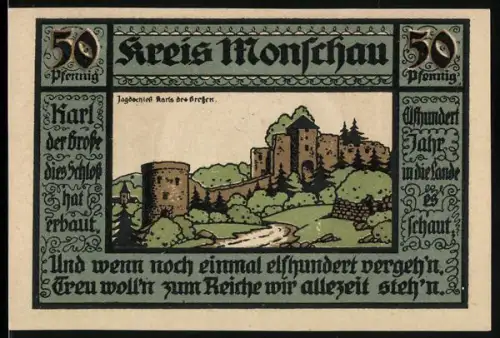 Notgeld Monschau 1921, 50 Pfennig, Burgruine und Wappen des Kreises Monschau