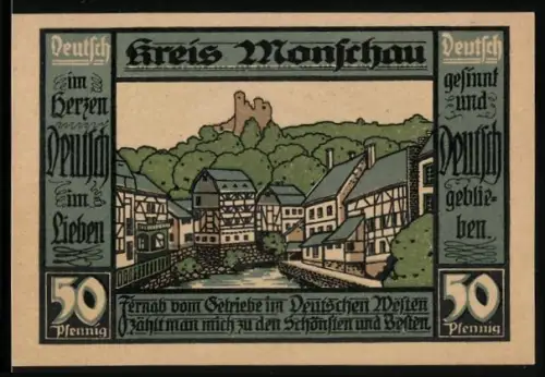 Notgeld Monschau 1921, 50 Pfennig, Fachwerkhäuser und Burgruine