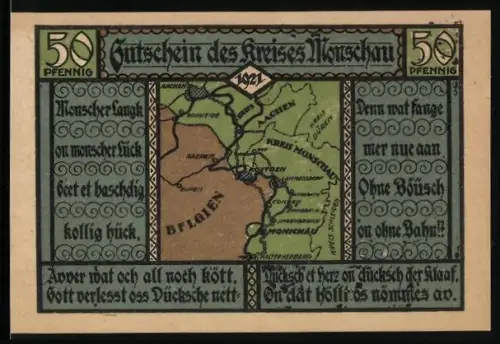 Notgeld Monschau 1921, 50 Pfennig, Karte des Kreises Monschau
