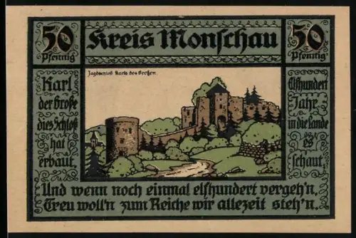 Notgeld Monschau 1921, 50 Pfennig, Jagdschloss Karls des Grossen und Siegel des Kreises Monschau