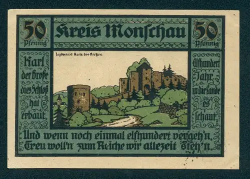 Notgeld Monschau 1921, 50 Pfennig, Burgruine und Stadtwappen
