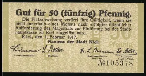 Notgeld Kiel 1917, 50 Pfennig, Textausgabe mit Unterschriften
