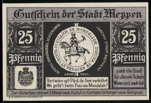 Notgeld Meppen 1921, 25 Pfennig, Reiter und Ortsansicht mit Gebäude und Wappen