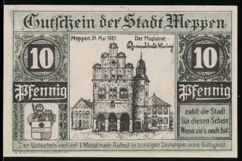 Notgeld Meppen 1921, 10 Pfennig, Rathaus und Moorlandschaft mit Arbeiter, Wappen