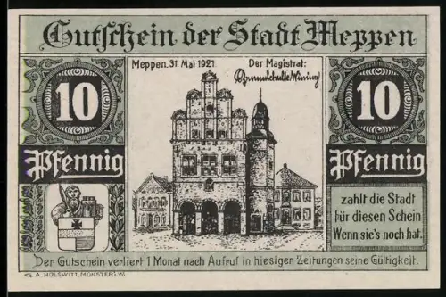 Notgeld Meppen 1921, 10 Pfennig, Rathaus und Moorlandschaft mit Arbeiter, Wappen enthalten