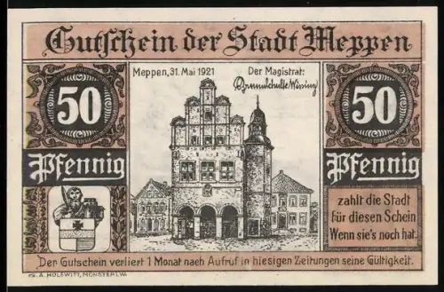 Notgeld Meppen 1921, 50 Pfennig, Rathaus und Brandmotiv mit Wappen