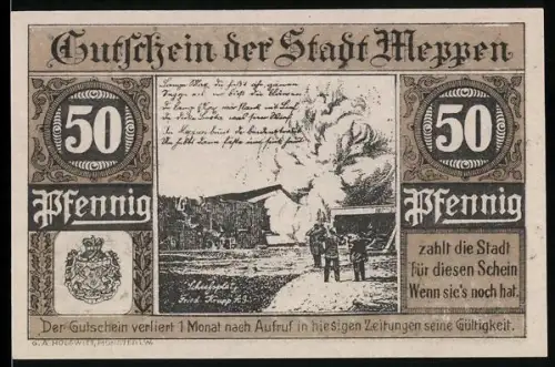 Notgeld Meppen 1921, 50 Pfennig, Ortsansicht mit Rathaus und historischem Gebäude, Wappen