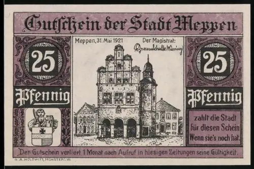 Notgeld Meppen 1921, 25 Pfennig, Rathaus und Reiter mit Siegel