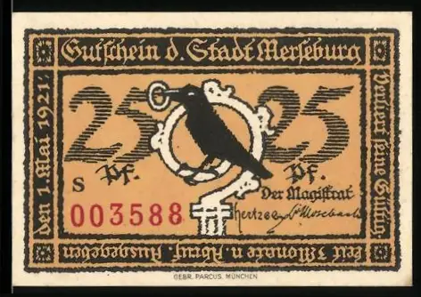 Notgeld Merseburg 1921, 25 Pfennig, Rabe und Bischof Thilo von Trotha