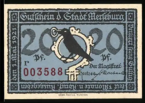 Notgeld Merseburg 1921, 20 Pfennig, Rabe mit Ring und historisches Tor-Motiv