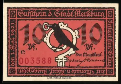 Notgeld Merseburg 1921, 10 Pfennig, Rabe auf Schwert und Musiker im Fensterrahmen