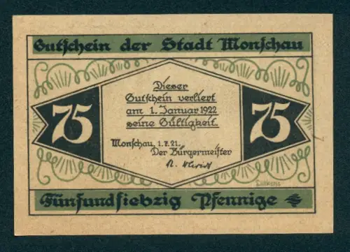 Notgeld Monschau 1921, 75 Pfennig, Burgruine und Landschaftsmotiv