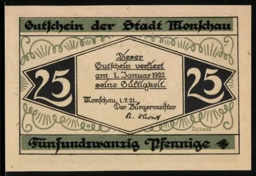 Notgeld Monschau 1921, 25 Pfennig, historische Ortsansicht mit Fachwerkhäusern Am Markt