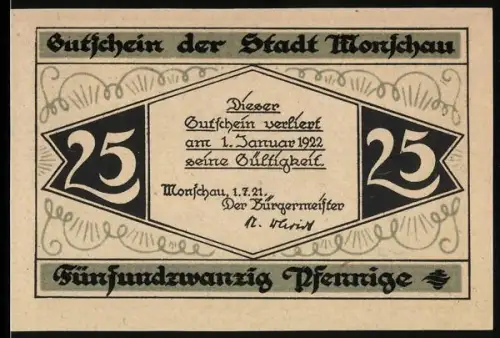 Notgeld Monschau 1921, 25 Pfennig, Burg und Ortsansicht im Grünen