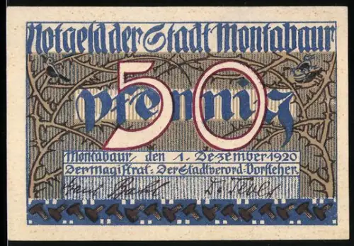 Notgeld Montabaur 1920, 50 Pfennig, Ornament und Stadtwappen mit Figur