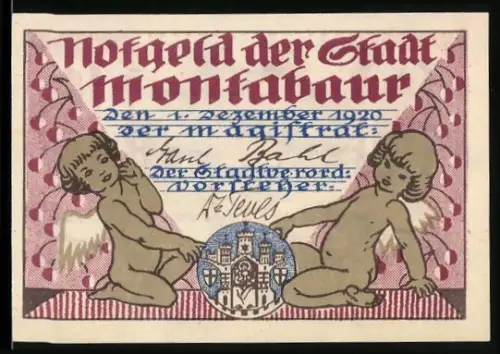Notgeld Montabaur 1920, 10 Pfennig, zwei Engel und Fachwerkhaus mit Landschaft